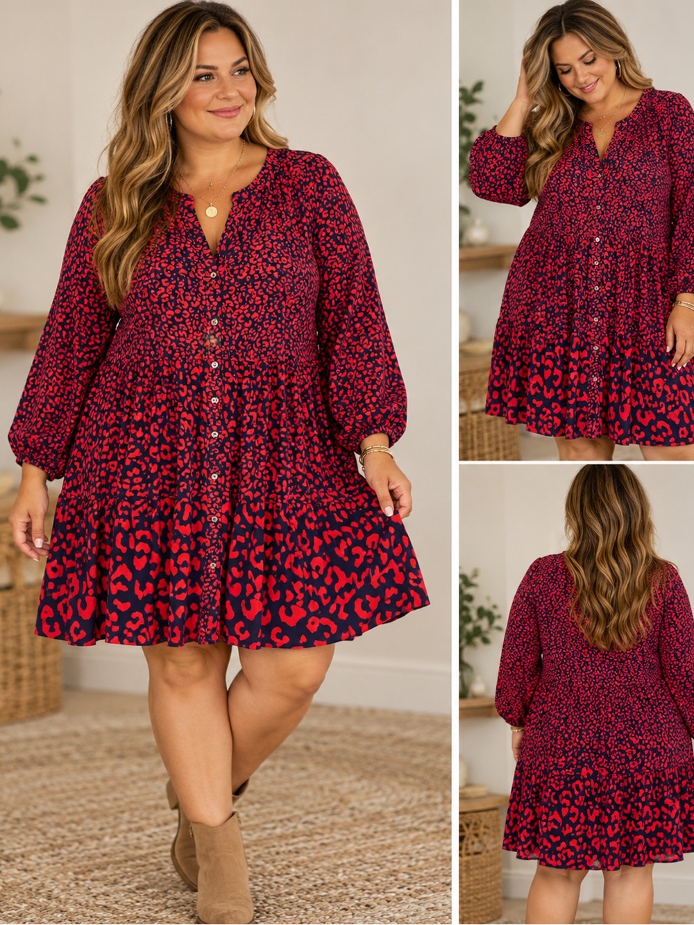 Vineyard Vines Red and Navy Animal Print Button-Front Mini Dress